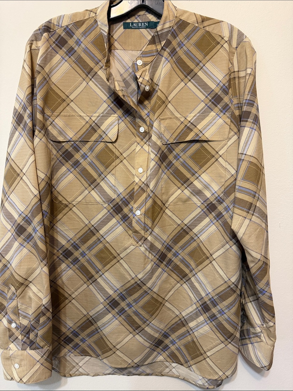 Lauren Ralph Lauren Beige Plaid Button-Front Blouse with Blue Accent